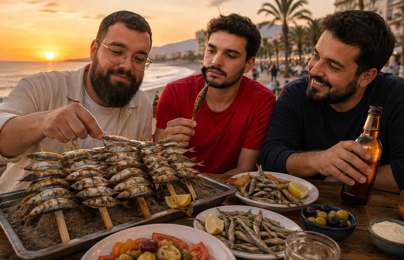 Cena playera en casa con espetos, boquerones y bebida